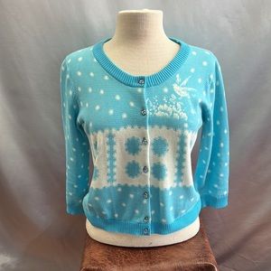 Anthropologie Knitted Dove Aqua Cardigan Sweater with Turtle Dove Teacup Size M